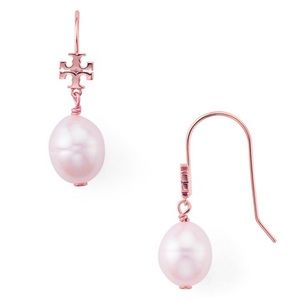 Tory Burch Rose Gold Pearl Drop Logo Earrings